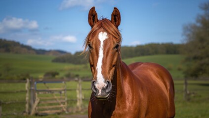 Close-up of a red horse with a white snip on its nose in a paddock