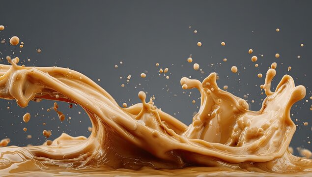 Caramel liquid splash on a gray background - Powered by Adobe
