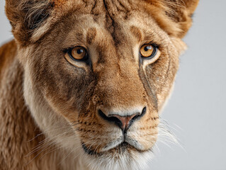 Fototapeta premium Close-up of a majestic lion against white backdrop, amber eyes, mature fur texture - AI-Generated