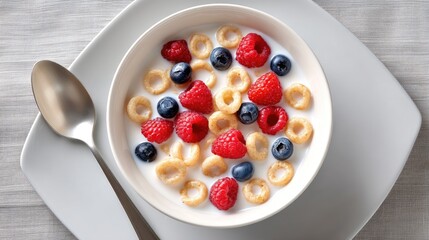 Healthy Breakfast Bowl with Berries and Cereal in White Dish on Gray Table Setting