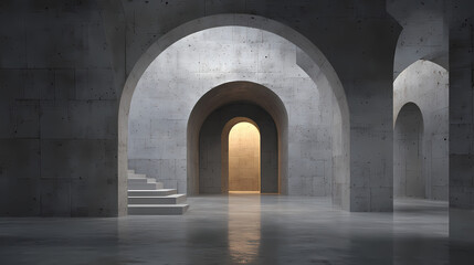 Obraz premium An awe-inspiring architectural composition featuring a series of arched openings in a minimalist concrete space, evoking a sense of depth and serene lighting.