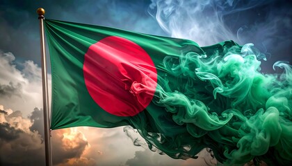 Bangladesh Flag Waving with Green Smoke Against Cloudy Sky - Patriotism and National Identity.