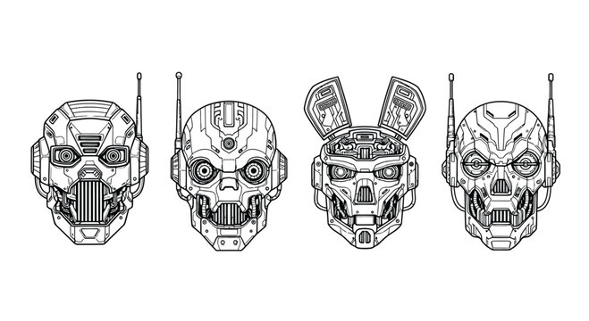 Four detailed futuristic robot heads with intricate mechanical designs and futuristic antennas vector