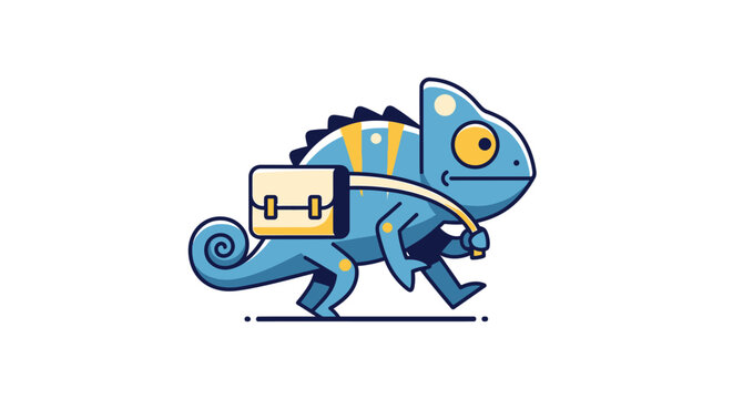 Blue chameleon walking with a backpack ready for school or adventure.