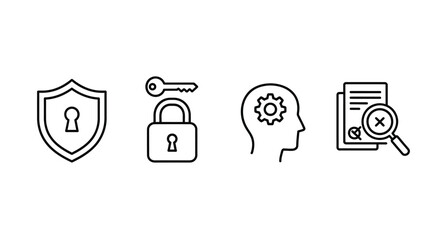 Cybersecurity and data protection icons featuring shield lock brain and document magnifying glass vector