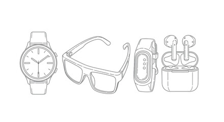 Collection of modern wearable technology accessories depicted in a line art style with a clean aesthetic vector