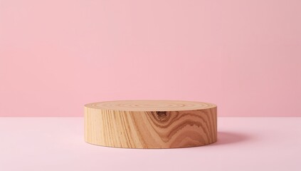 Eco-Friendly Wooden Podium Display on Soft Pink Backdrop, Presentation Scene
