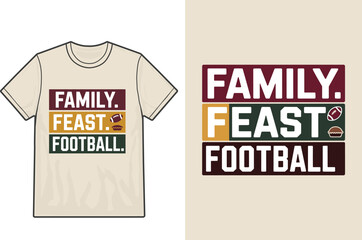 Thanksgiving themed t shirt design featuring family feast and football graphics
