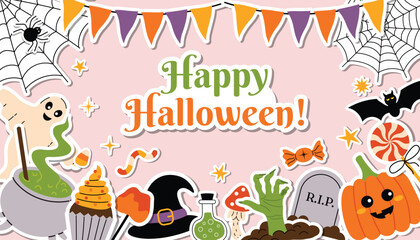 Cute Happy Halloween horizontal greeting card with border of fun spooky stickers in flat cartoon style.