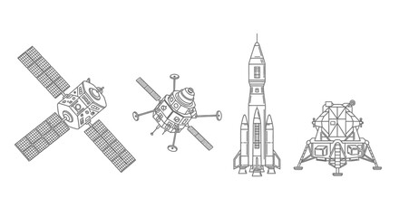 Iconic spacecraft collection satellite probe rocket and lunar lander designs vector © Runa