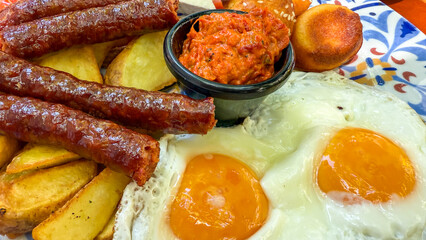 Sizzling Balkan feast with succulent cevapi, sunny-side eggs, ajvars crimson allure, perfect for Rakija festivals or hearty Slava celebrations