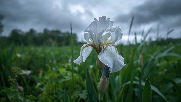 Wet German iris in a rainy meadow