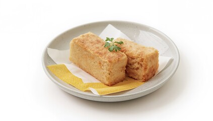 Two fried tofu pockets filled with assorted vegetables presented on a small dish with a napkin against a white backdrop