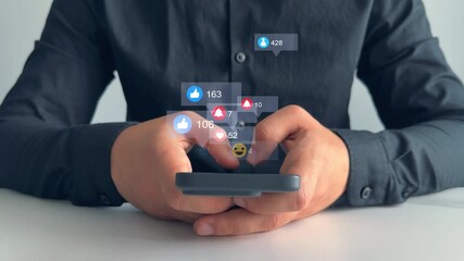 Interactive with friends on chat with emoticon feedback.Social media,marketing, like,social network,blog,live,chat reaction and livestream.Person using smart phone with emoticon icons of Social Media. - Powered by Adobe