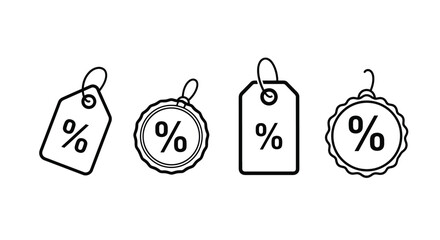Four hand drawn sale tags with percentage symbols offer discount symbols for shopping and retail promotions vector
