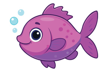 Cute purple fish cartoon with bubbles and smile. Fun marine vector perfect for kids’ books, t-shirts, or underwater-themed designs.