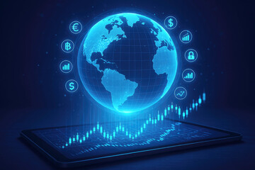 Glowing Blue Digital Globe and Financial Charts on Tablet Screen earth technology