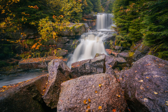 Fantasy and dark autumn forest with the best mystic atmosphere in the north of Bohemia, in Jizera mountains. like a fairy tale with pure water rivers and magic waterfalls.