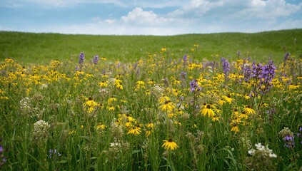Fototapeta premium Vibrant field of yellow and purple blossoms in a scenic natural setting
