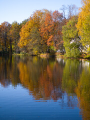 Panorama of an autumn park with colorful trees, view from the pond