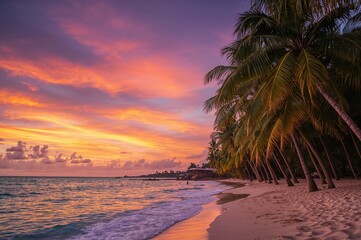 Fototapeta premium Retro sunset with palm trees silhouette
