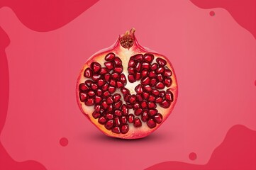 A halved mature pomegranate displaying its seeds against an artistic crimson abstract background. Includes promotional materials such as posters, banners, stickers, prints, and cards. Vector