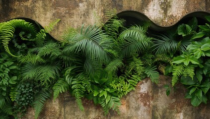 Assorted greenery on a textured vertical wall with a wave design