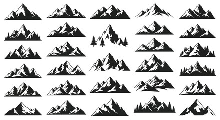 Naklejka premium Mountain Icons Collection Vector Graphics of Peaks, Ridges, and Landscapes for Design Projects