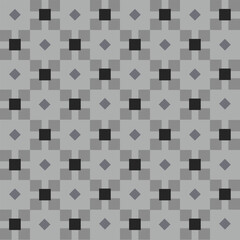 A seamless pattern featuring a symmetrical geometric design. It incorporates dark gray squares and lighter gray cross shapes, arranged in a grid.