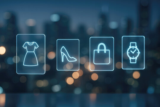 Glowing digital icons for fashion items presented on a screen with a city bokeh background online shopping
