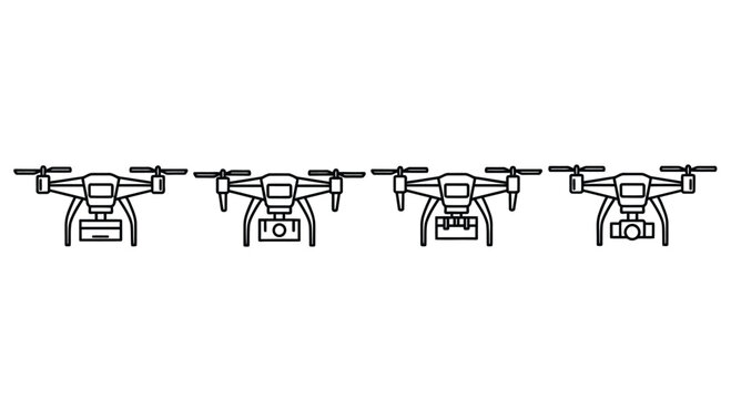 Four drones arranged in a line front view line art technology aerial survey surveying vector