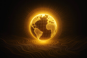 Glowing golden holographic Earth with radiating light and abstract wavy lines on dark background globe