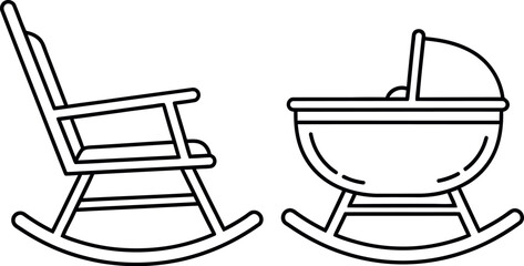 Simple line drawing of a rocking chair and a baby cradle symbolizing parenthood and comfort