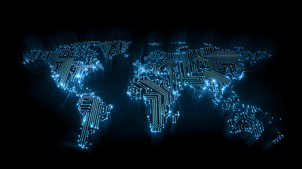 A digital depiction of the world map created with circuit board elements, suggesting a global technological network. The image highlights the interconnectedness of modern technology.