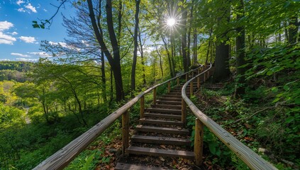 Obraz premium Wooden steps ascending through a lush green woodland in summertime