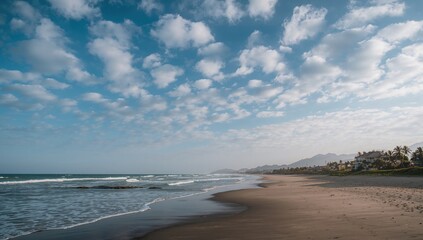 Obraz premium A charming beach cottage nestled by the shore under a sky dotted with fluffy white clouds, illuminated by gentle sunlight and surrounded by stunning coastal scenery.