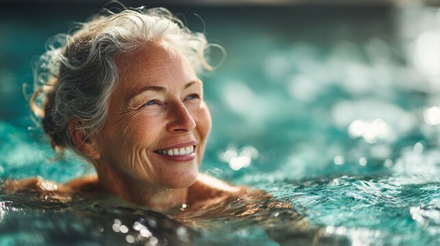 Radiant senior enjoying aquatic exercise, her joyful smile reflecting pure happiness and wellness in a sparkling turquoise swimming pool environment