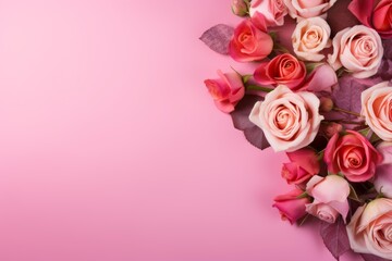 Beautiful pink and peach roses with dried leaves arranged on a pink background, providing copy space