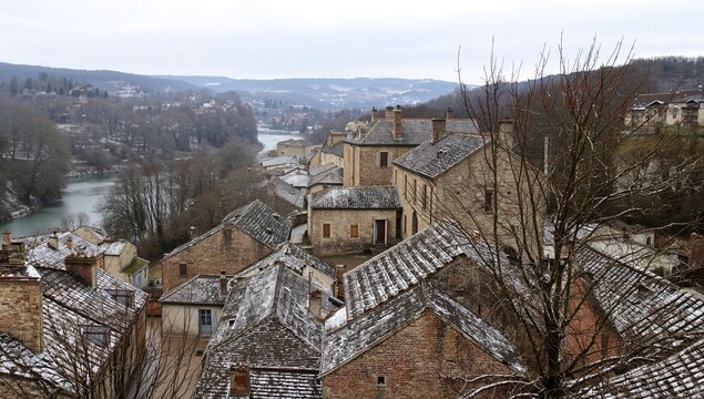 Winter scene of a medieval hamlet in southern Europe