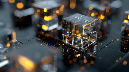 Intricate illuminated transparent cubes interconnected, symbolizing data processing and digital technology