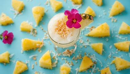 Tropical cocktail featuring pineapple and coconut on a blue backdrop with space for text.