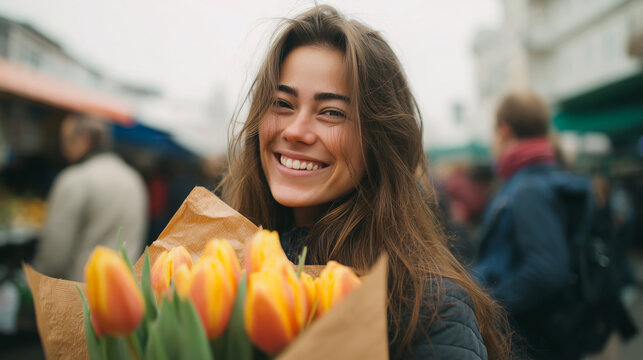 Smiling young woman holding bouquet of yellow tulips at street market. - Powered by Adobe