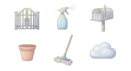 Set of home maintenance and gardening equipment, including watering can, plant pot, mop, mailbox, gate, and cloud icon for household care.