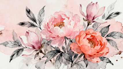Watercolor illustration with pink peonies and magnolias using black ink accents on a soft background