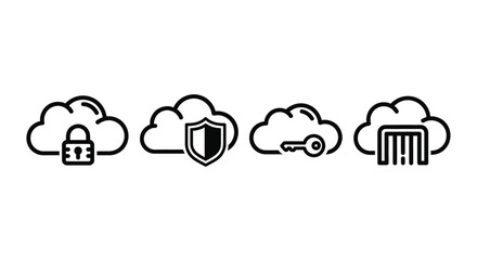 Four stylized cloud icons representing data security privacy and connectivity concepts vector