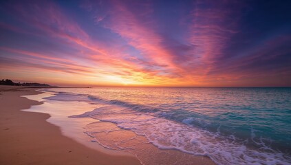 Naklejka na ściany i meble The magnificent shoreline, featuring shimmering sands and transparent waves, set the scene for a mesmerizing dusk, coloring the horizon in vivid shades of violet and tangerine, forming a Naklejka na ściany i meble The magnificent shoreline, featuring shimmering sands and transparent waves, set the scene for a mesmerizing dusk, coloring the horizon in vivid shades of violet and tangerine, forming a