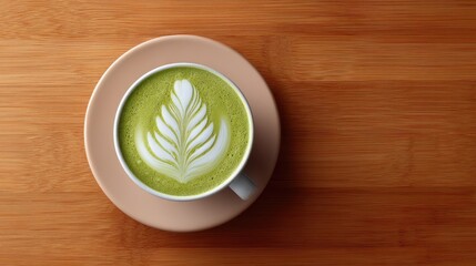Elegant Matcha Latte with Beautiful Leaf Design Served in White Cup on Wooden Surface