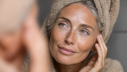 A middle-aged woman looks in the mirror at her first wrinkles. Generative AI