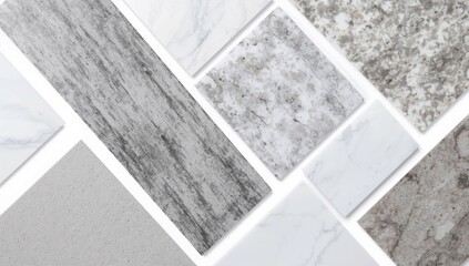 Isolated white and gray ceramic tile samples on a clean white surface. Premium marble-inspired stone tiles ideal for indoor flooring, kitchen counters, and wall backsplashes.