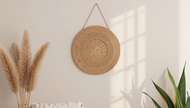 Eco-friendly rattan basket wall art for stylish boho room decor with blank area